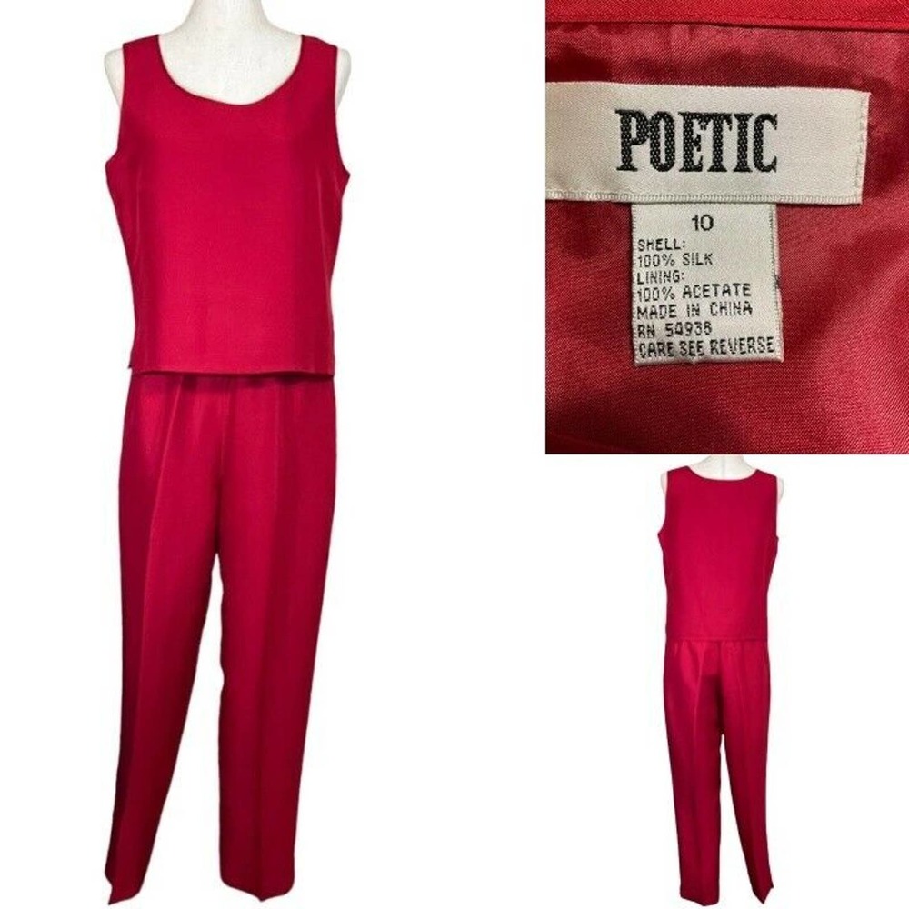 2 PCE Silk POETIC True Red Set Top & Pants Suit 60s Retro Style RARE!